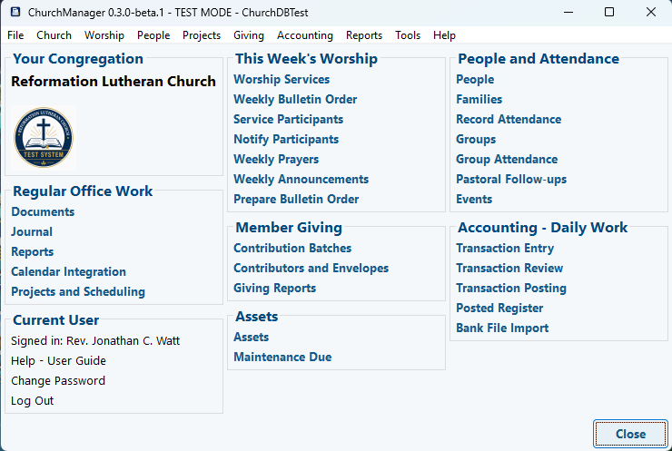 ChurchManager main menu for the fictional Reformation Lutheran Church test congregation