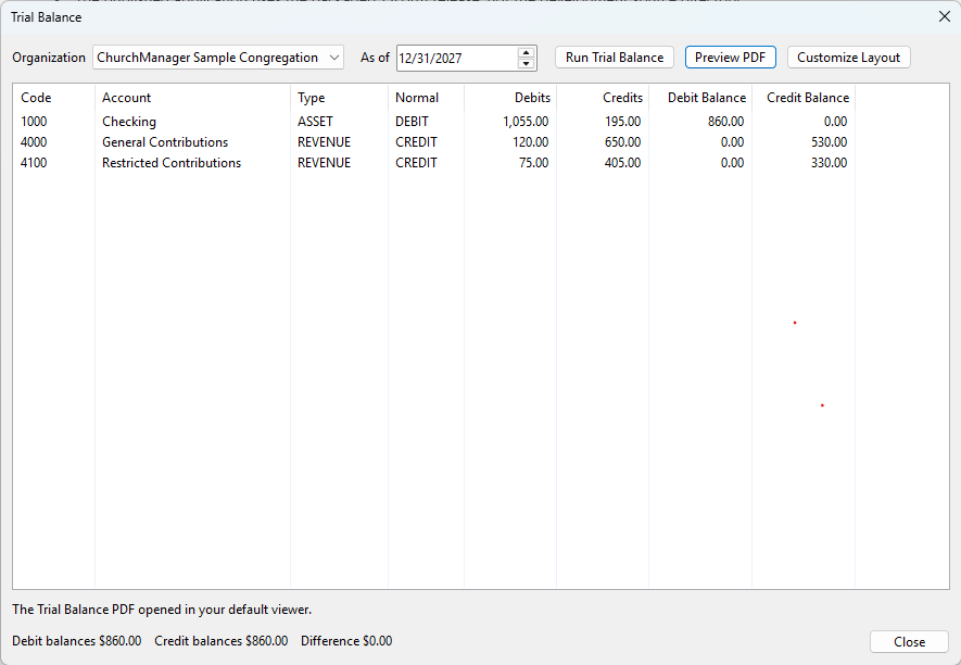 ChurchManager Trial Balance screen using the fictional sample congregation