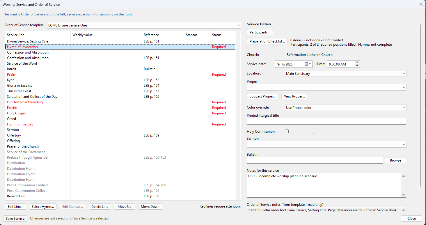 ChurchManager weekly Worship Service and Order of Service planning screen using fictional test data