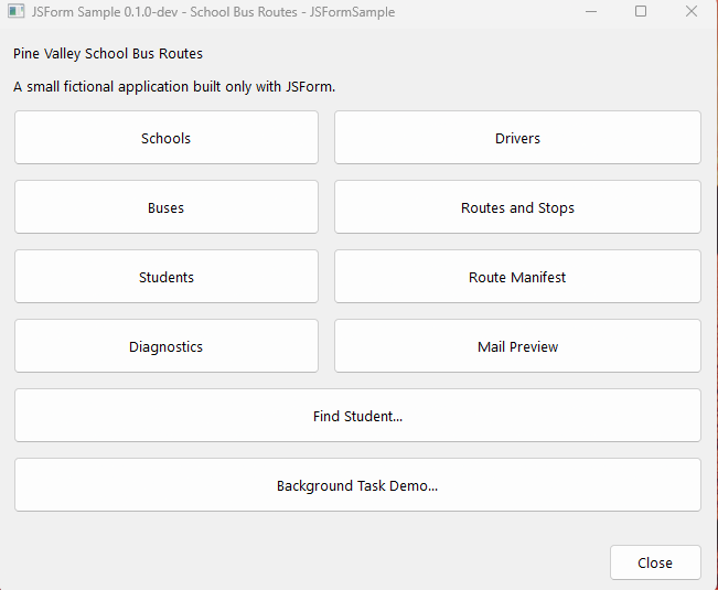 JSForm School Bus Routes sample main menu