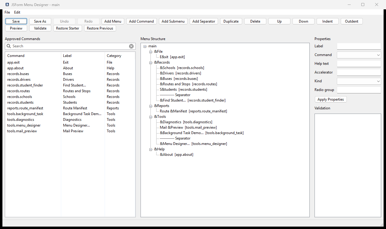 JSForm Menu Designer arranging the School Bus application menus