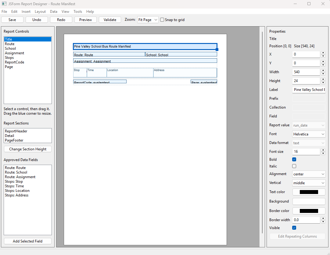 JSForm visual Report Designer displaying a Route Manifest layout