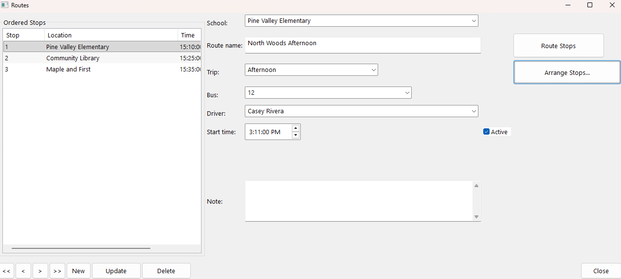 JSForm Routes screen showing an ordered list of school bus stops and a data-entry form