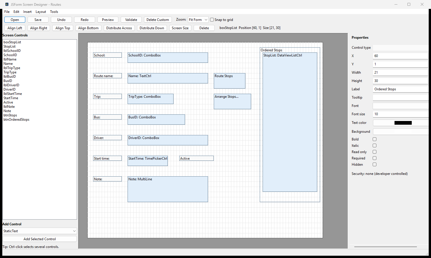 JSForm Screen Designer arranging the School Bus Routes data-entry screen